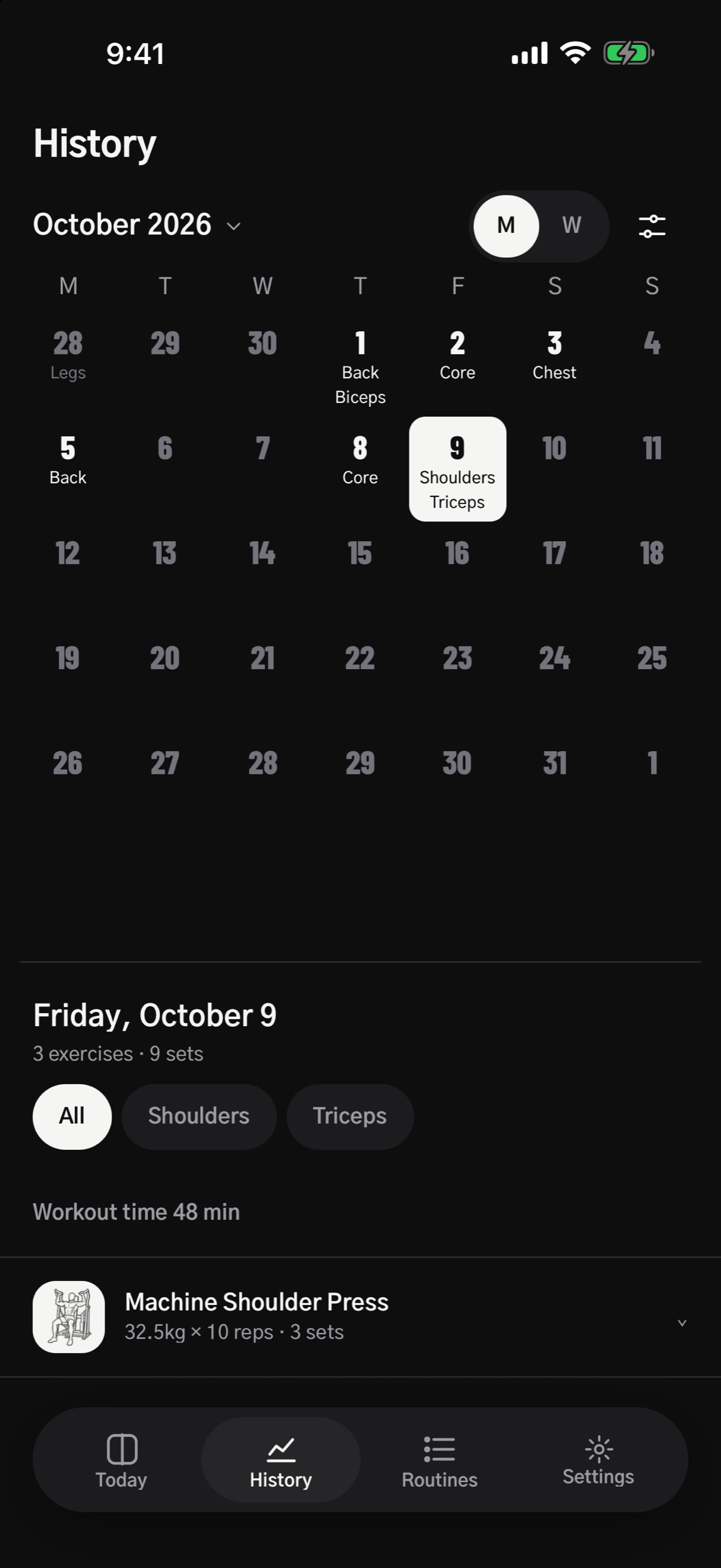 History screen: an October calendar with body parts under each workout day, and the 9th’s shoulders and triceps log below