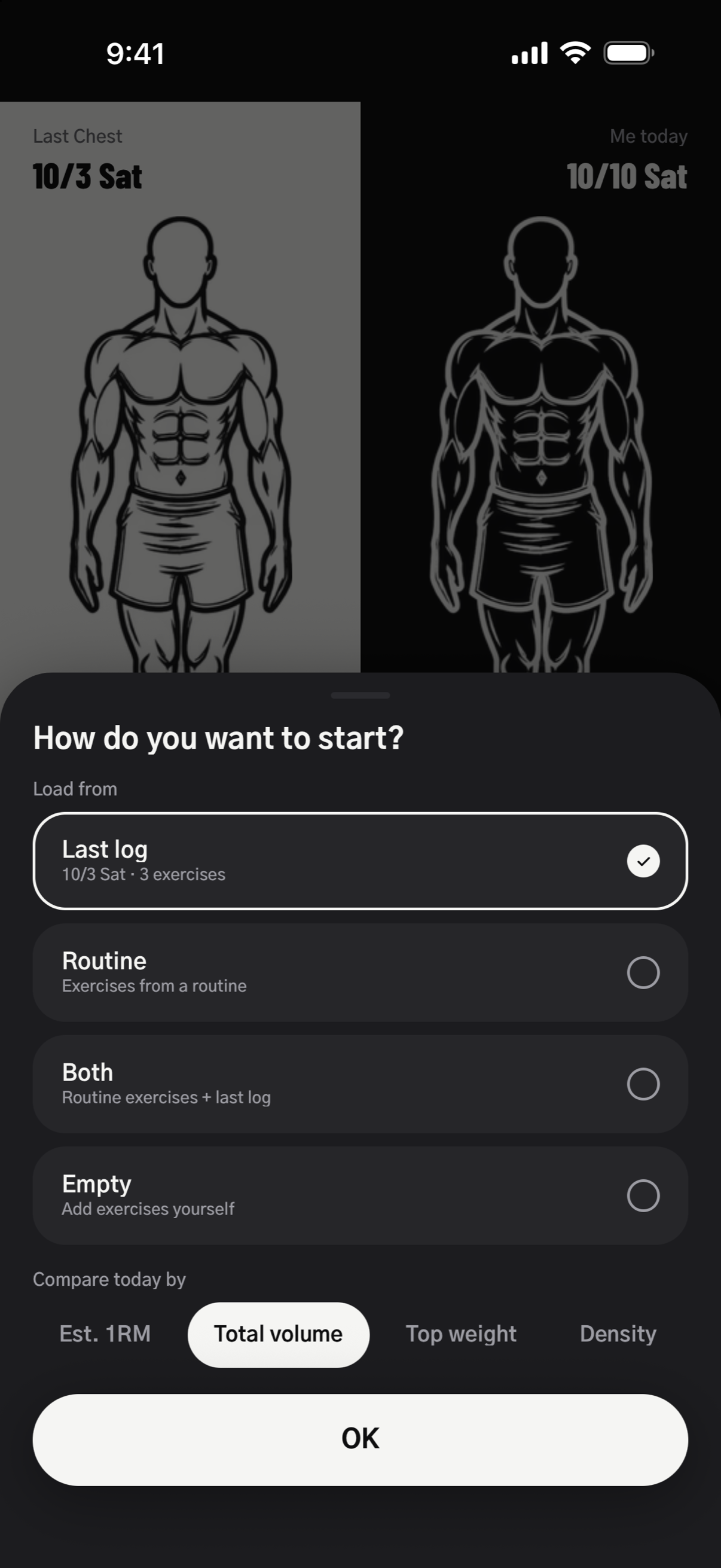 Start screen: choose to load from the last log or a routine, and pick one of four measures to compare today by